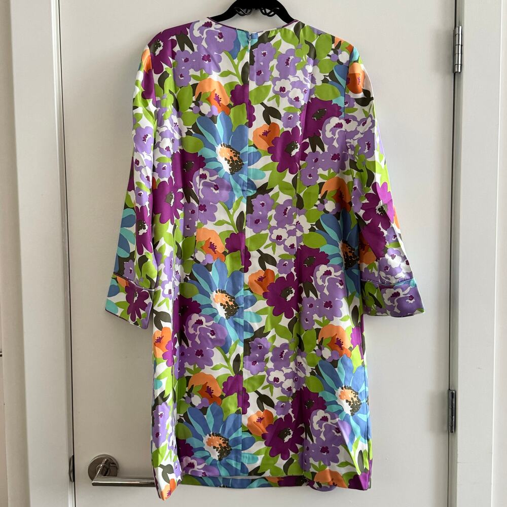 New J. Crew Shift Dress Purple Round Neck Floral Silk Back Zip Long Sleeve Sz 12 - Picture 7 of 7